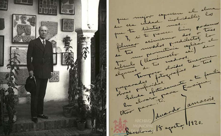 Eduardo Zamacois en una imagen de 1931 en Córdoba y una carta suya manuscrita