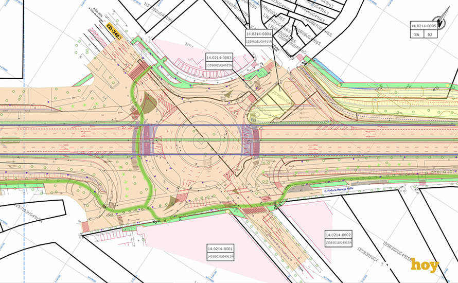 Plano de las expropiaciones necesarias para soterrar la glorieta del Hipercor para ejecutar la Ronda Norte (en amarillo y marrón, las definitivas)